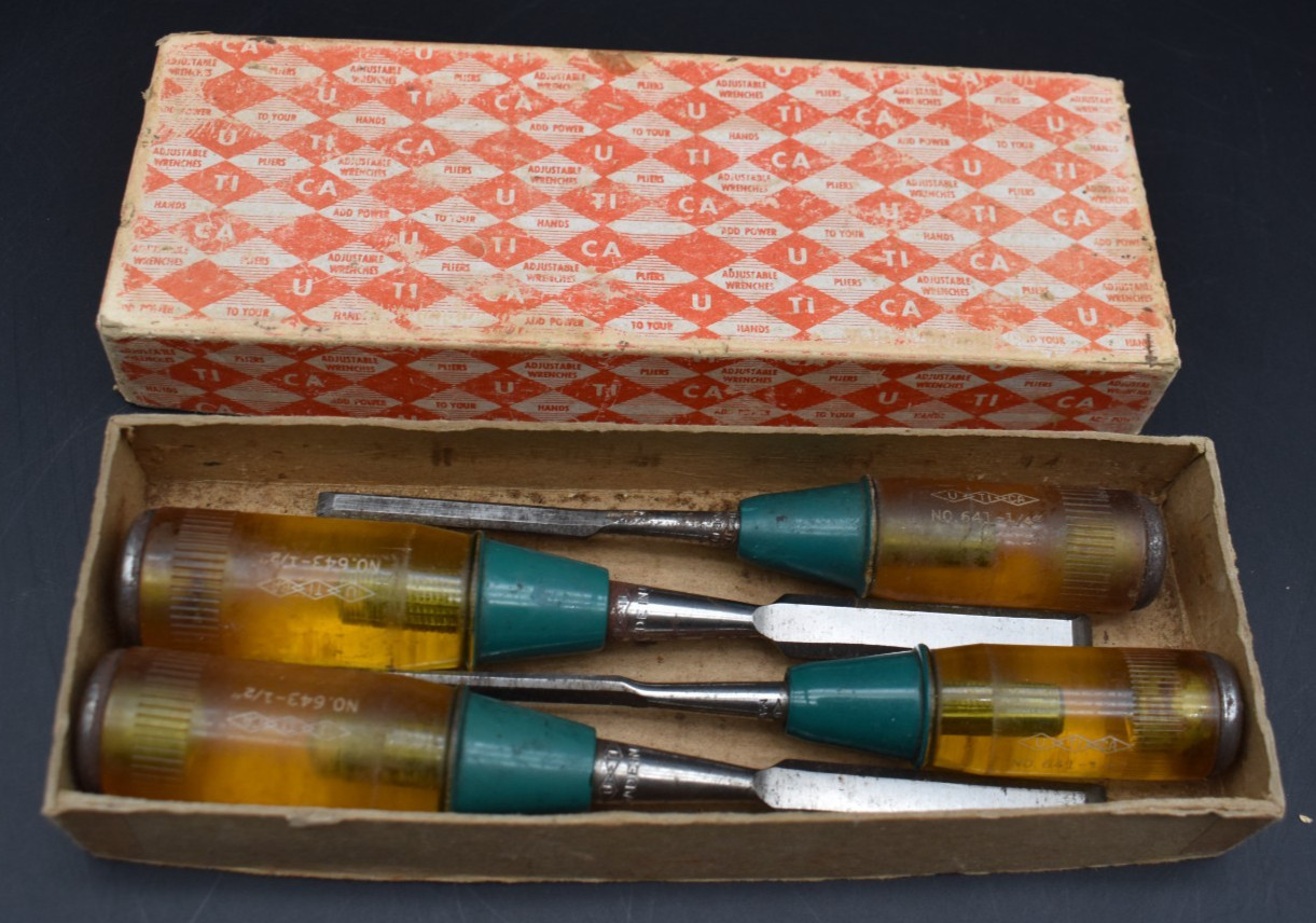 Rare Vintage Utica Wood Chisels (lot of 4) (2) 643 1/2″ & (2) 641 1/4″ ~ USA