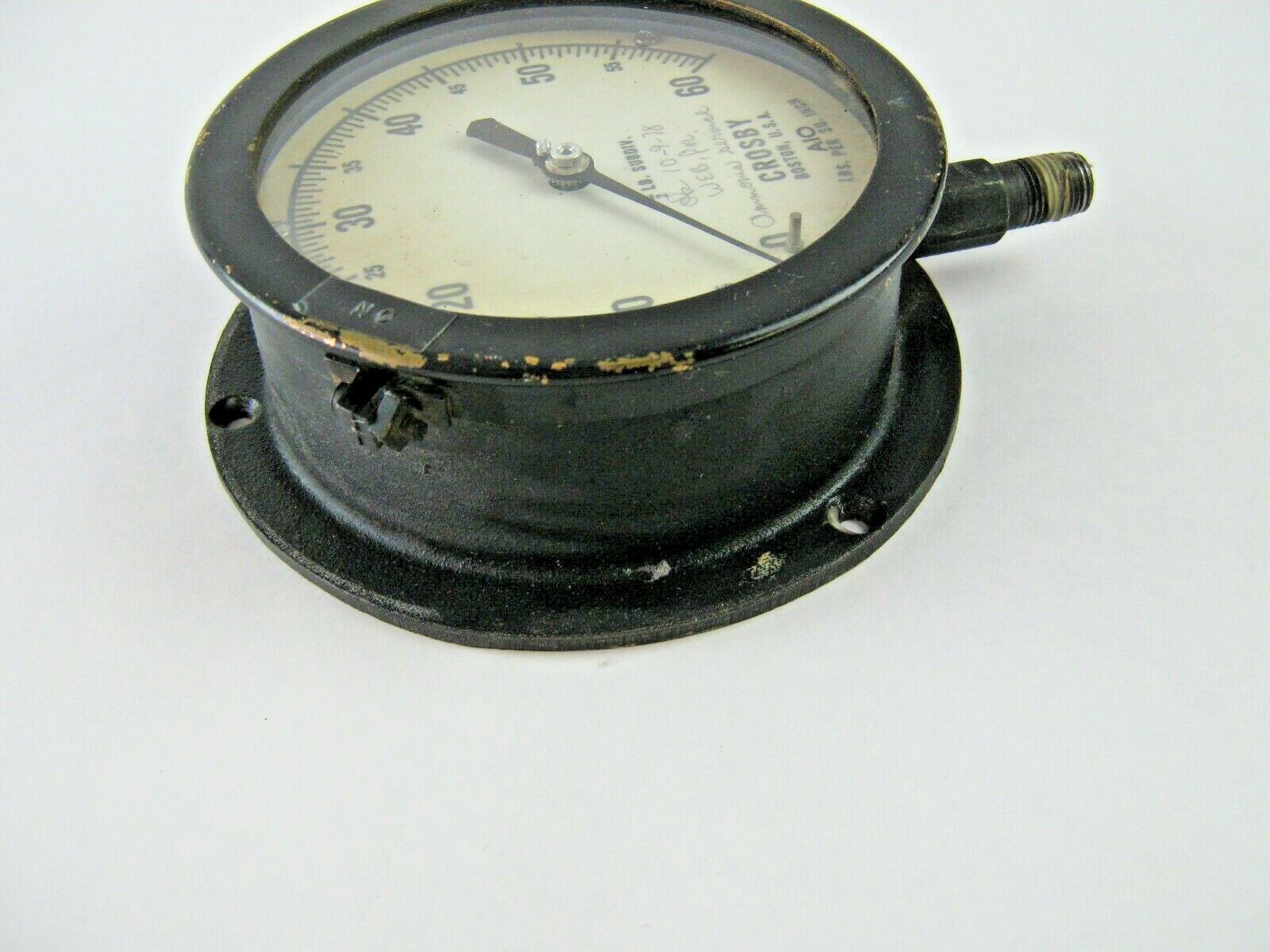 Vintage 5 1/8″ dia. Crosby Gauge & Valve Co. 60 psi Gauge 1/2 lb. SUBDIV.