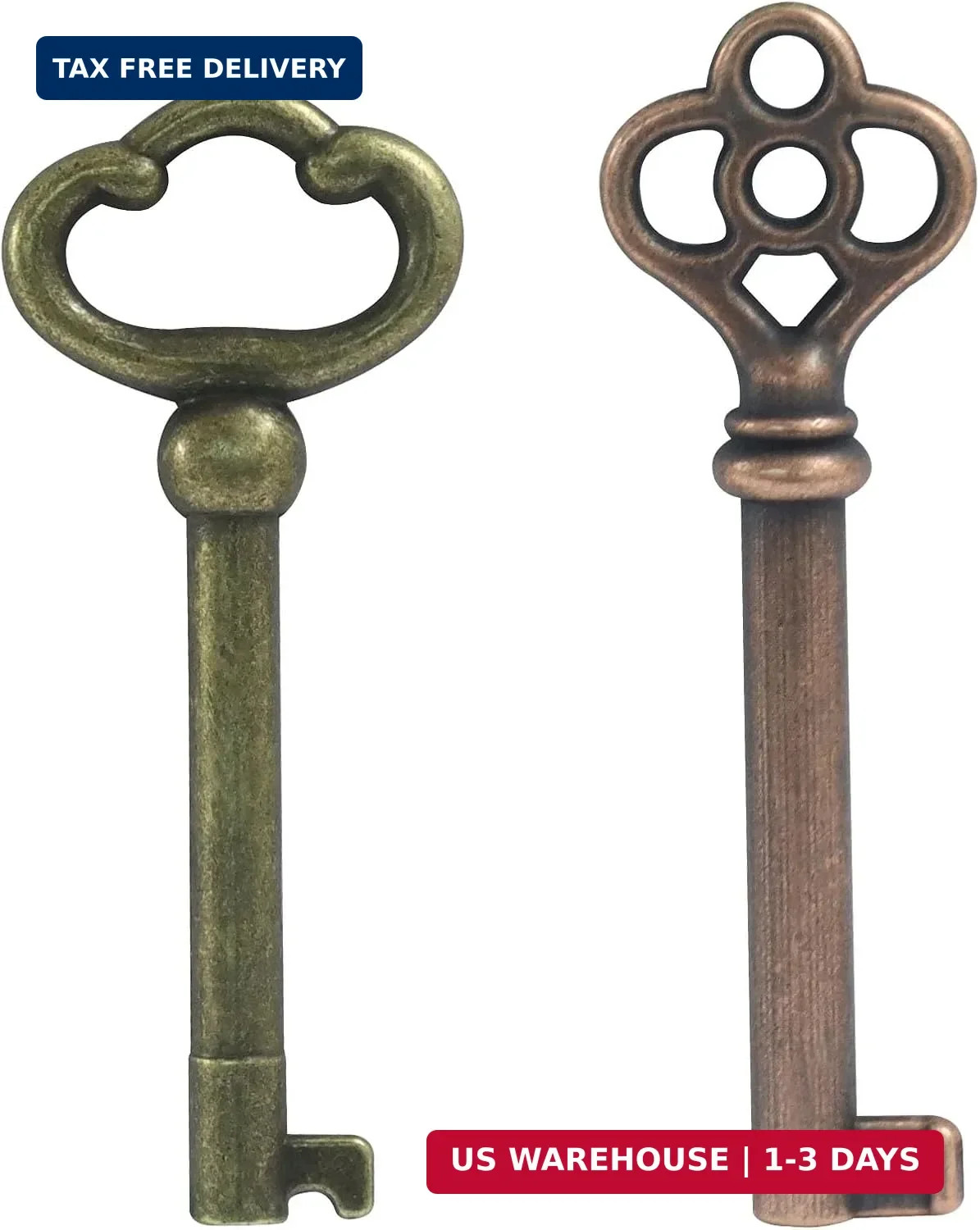 Skeleton Key Set of 2pcs KY-2AB and KY-3AB Retro Antique Brass Old Keys for Vint