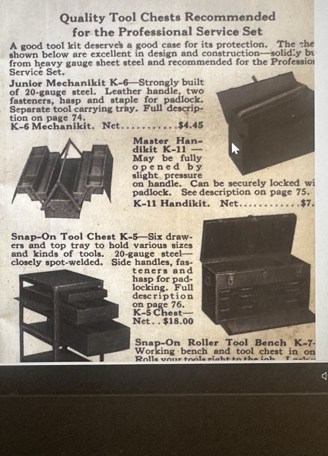 Snap-on, Master Handikit, Two-tier Cantilever Toolbox, #K-11, 1932-1948, Rare