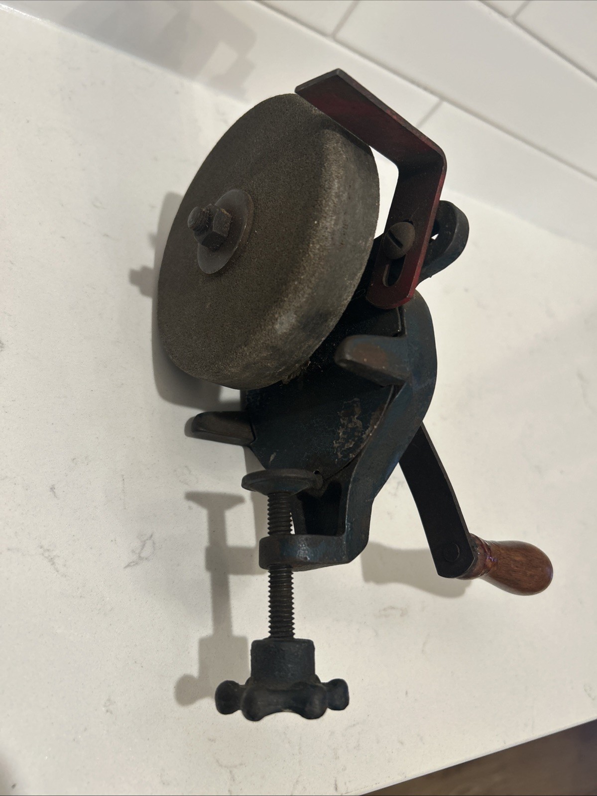 Vintage Stand-By Hand Crank Bench Grinder Clamp-On Sharpening Stone Cast Iron