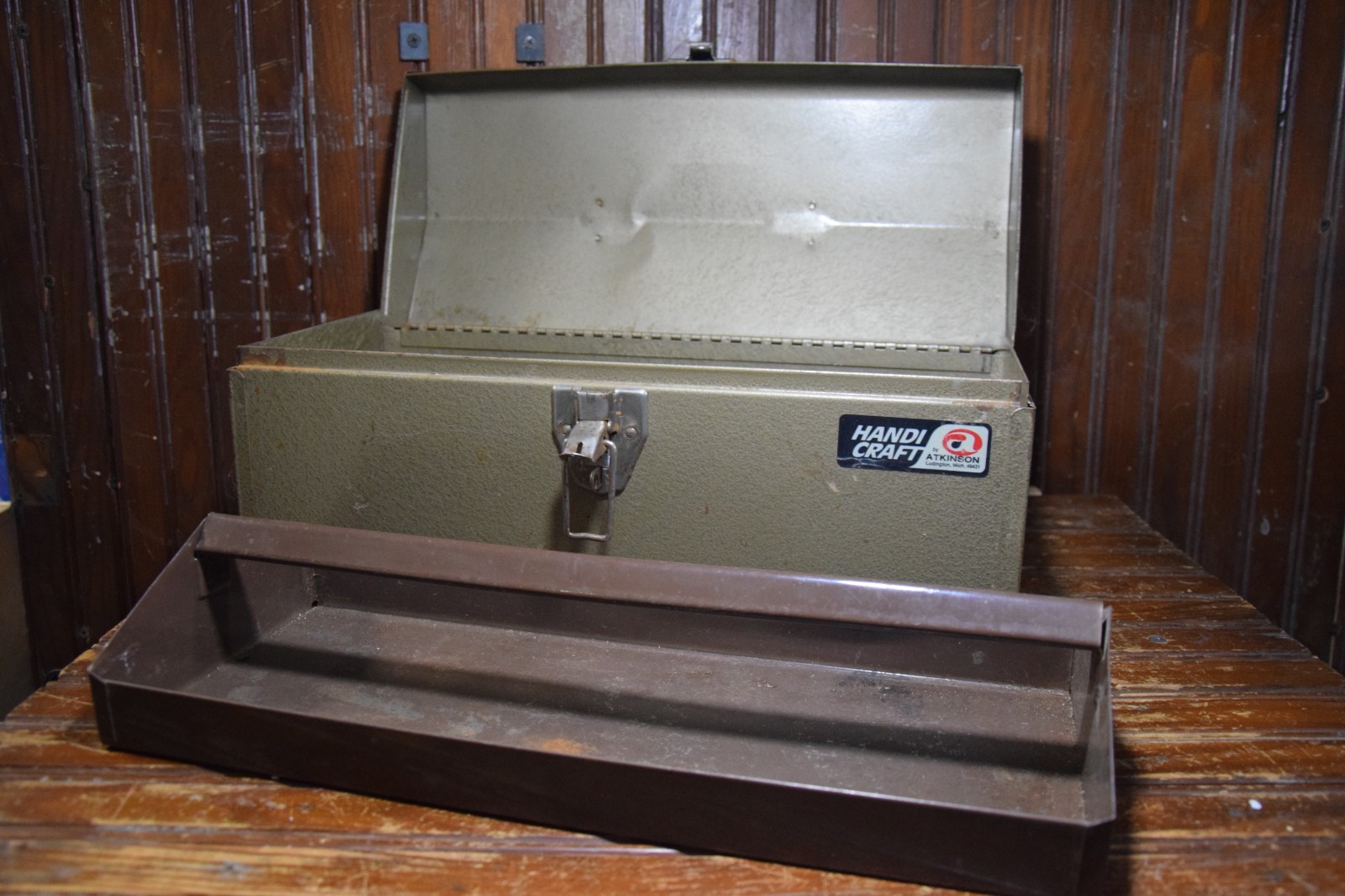 ATKINSON PAINTED METAL EMPTY TOOL BOX TRAY VINTAGE 1960s WORKSHOP 7″ x 8″ x 16″