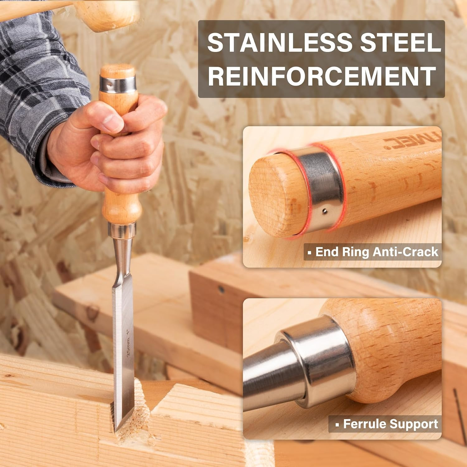 4-Piece Wood Chisel Set, 60CR-V Steel Blades, Beech Handles