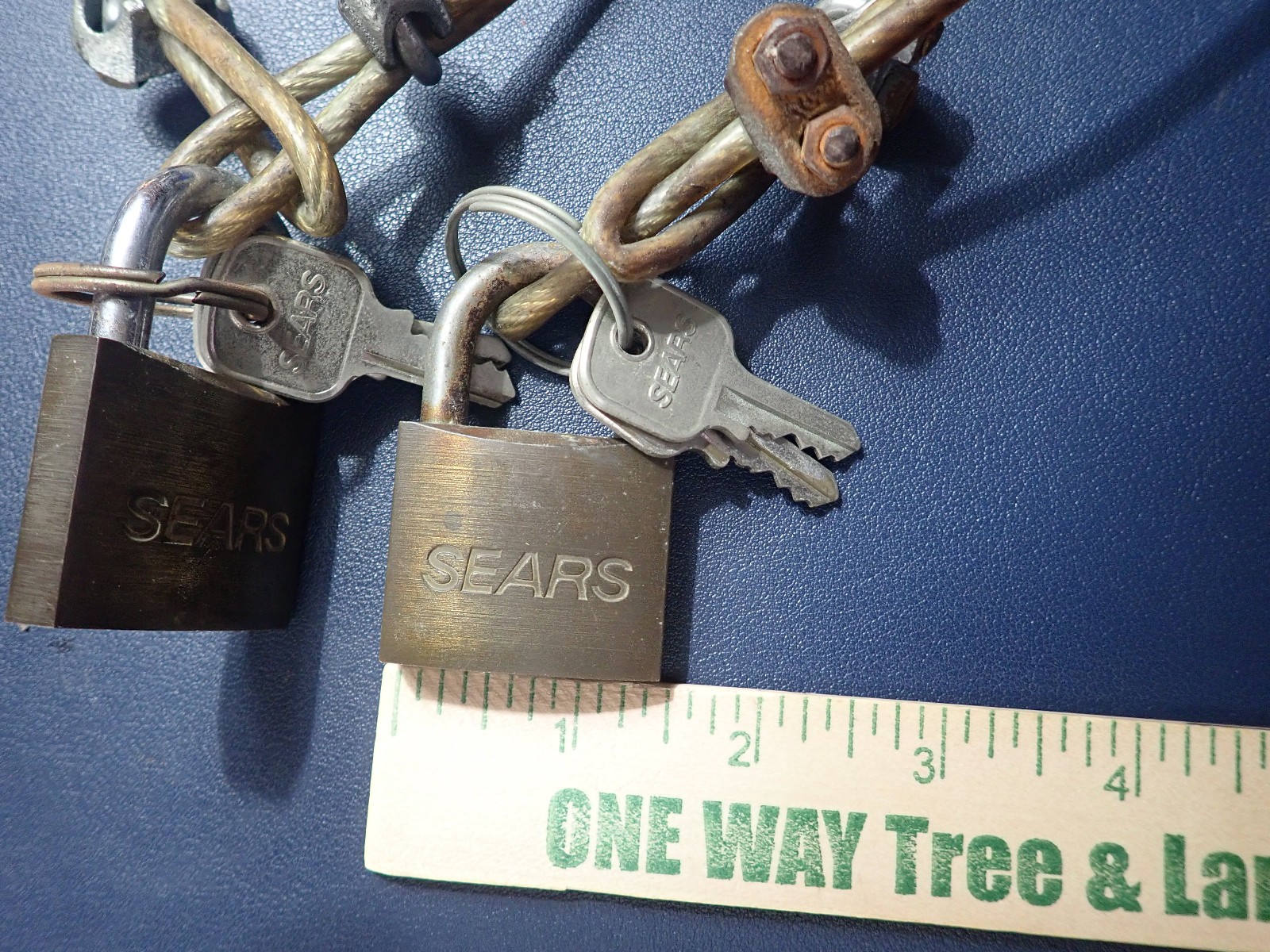 Lot of 2 Vintage Sears Brass Padlocks w/ Steel Cable Loops & 4 Keys Locks