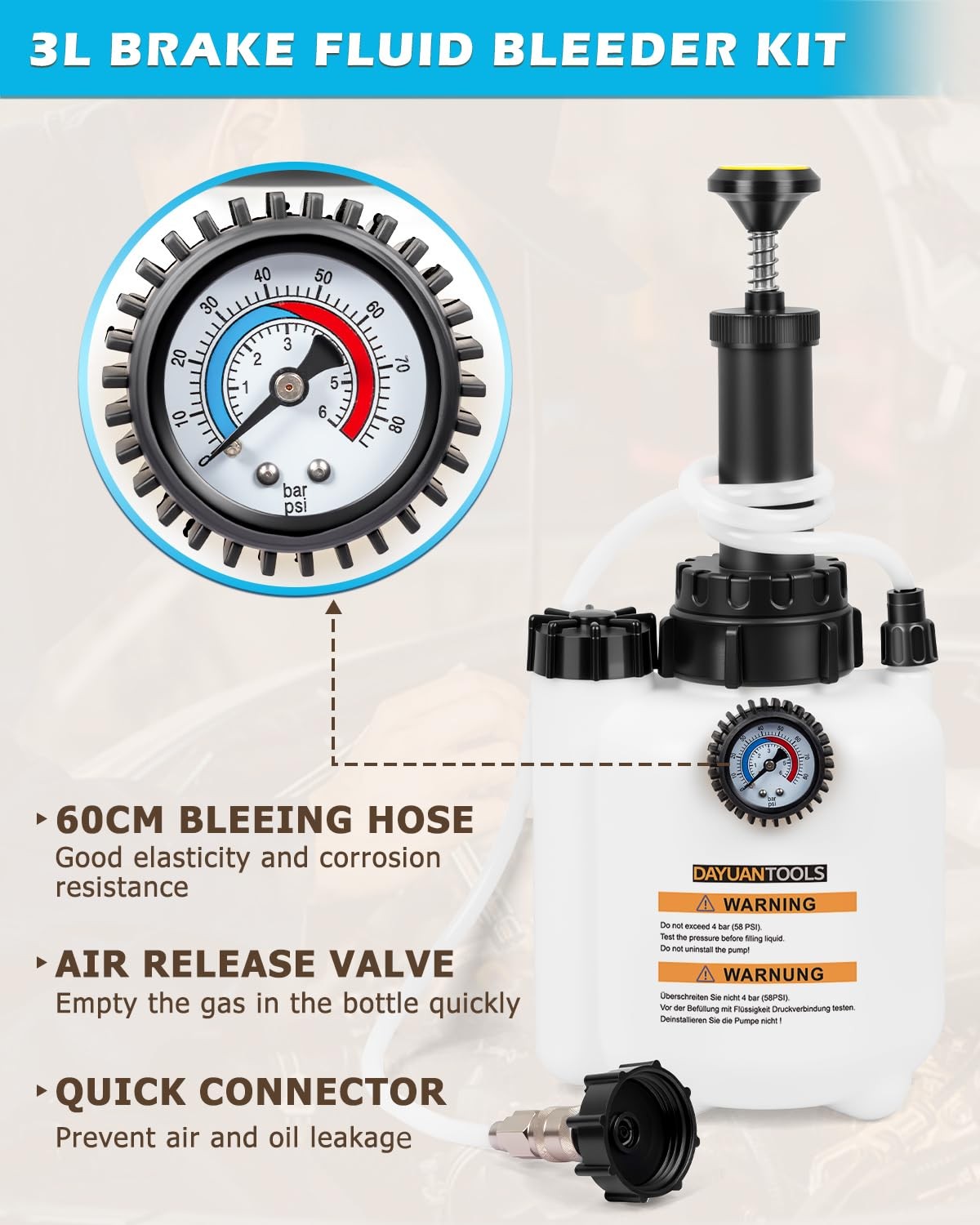 DAYUAN Upgraded 3L Brake Bleeder Kit, One-Person Operation with 3L Pressure P…