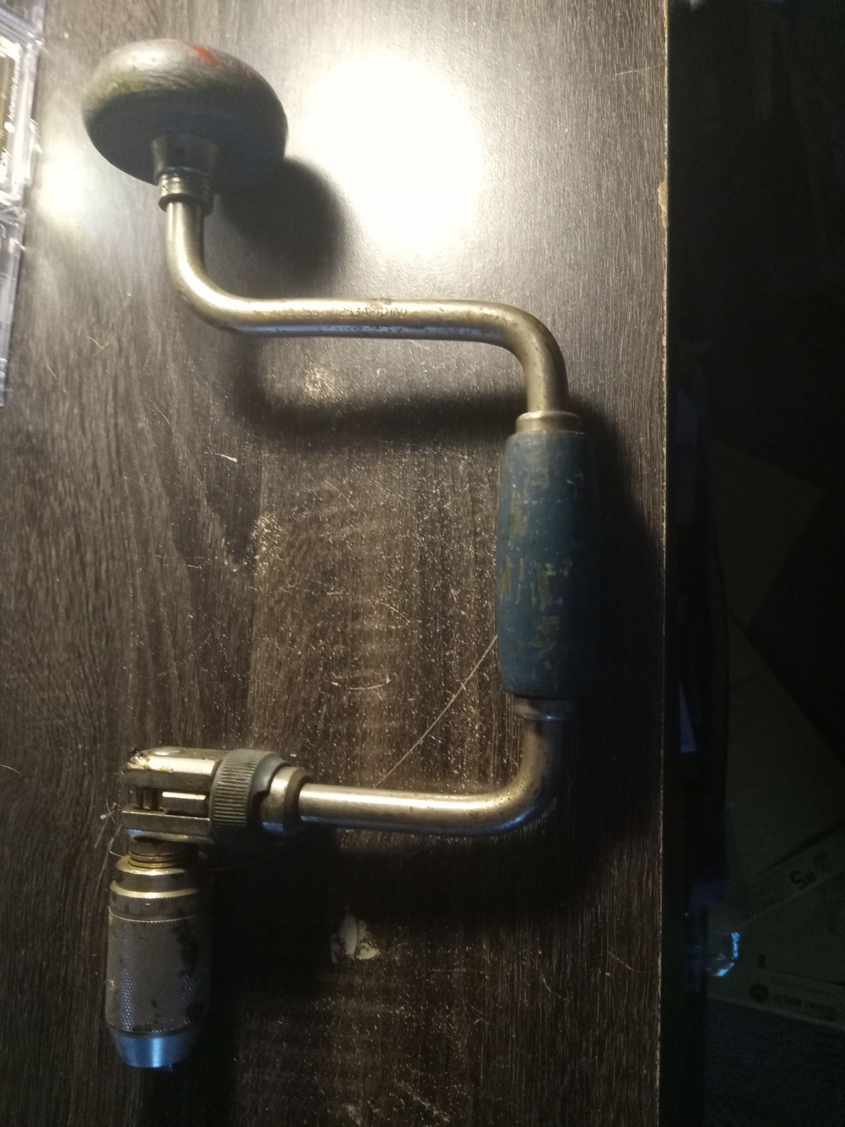 Vtg Stanley Ratcheting Hand drill 02-253Blue WoodHandle Brace