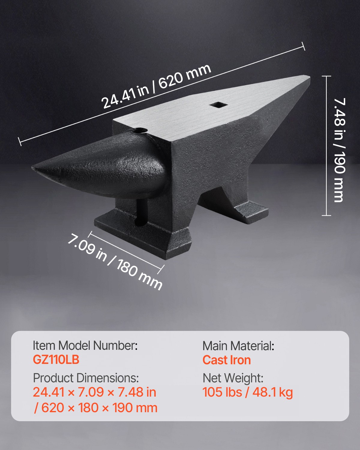 VEVOR Blacksmith Anvil Steel Round Horn Anvil 105lbs 2 Holes for Metal Work