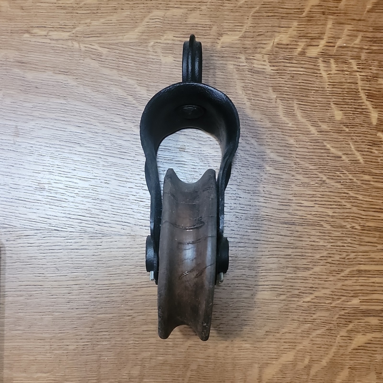 Antique Wood & Cast Iron Pulley Block w/ Strap Ring, Approx. 11 in