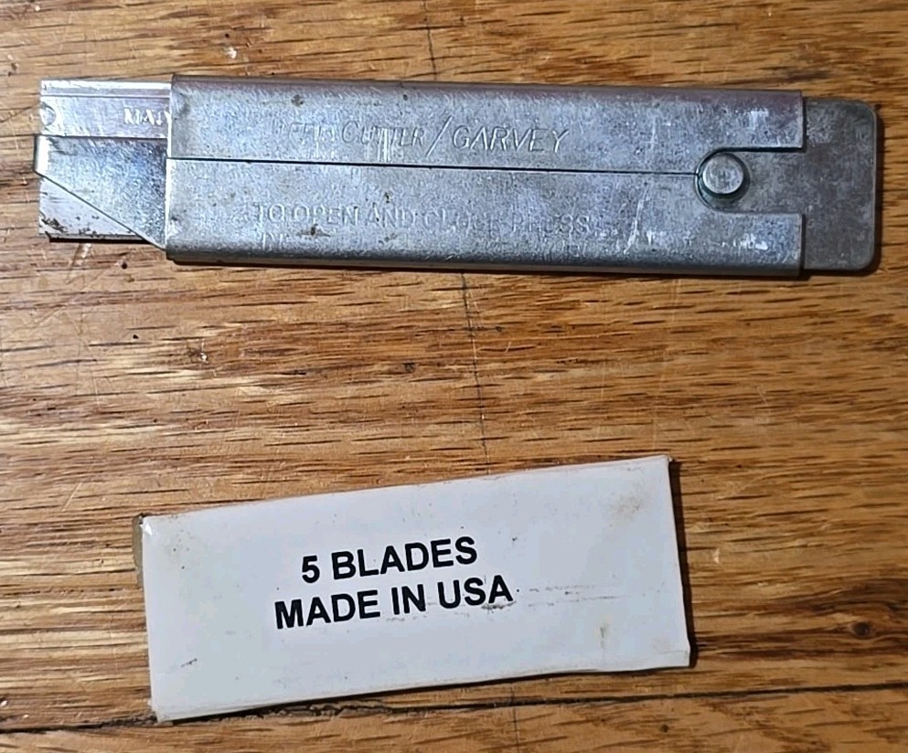 Vintage Garvey Jiffi Cutter Metal Utility Box Knife w/ USA Blade Pack