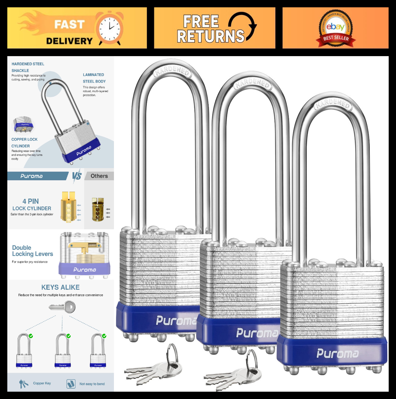 Heavy-Duty 3 Pack Padlocks – 2” Long Shackle, Keyed Alike, 6 Keys, Steel Locks f