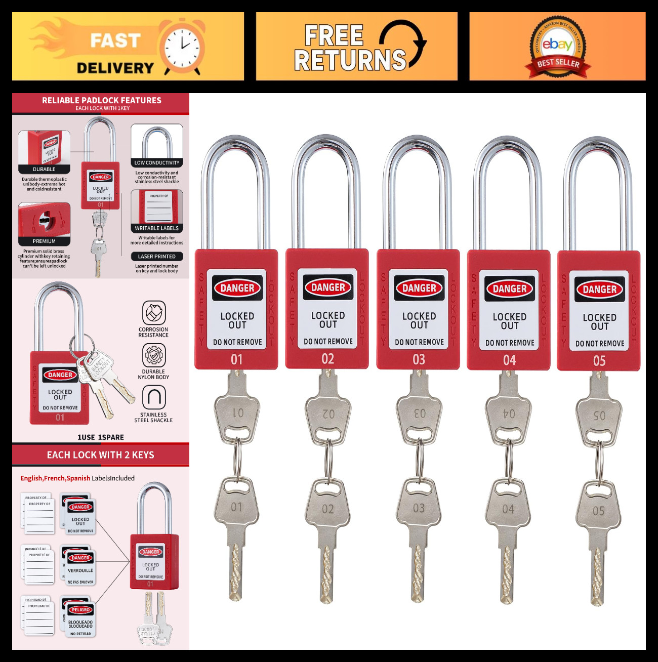 10 OSHA Compliant Lockout Tagout Padlocks with Keys, Keyed Different, Red, Safe