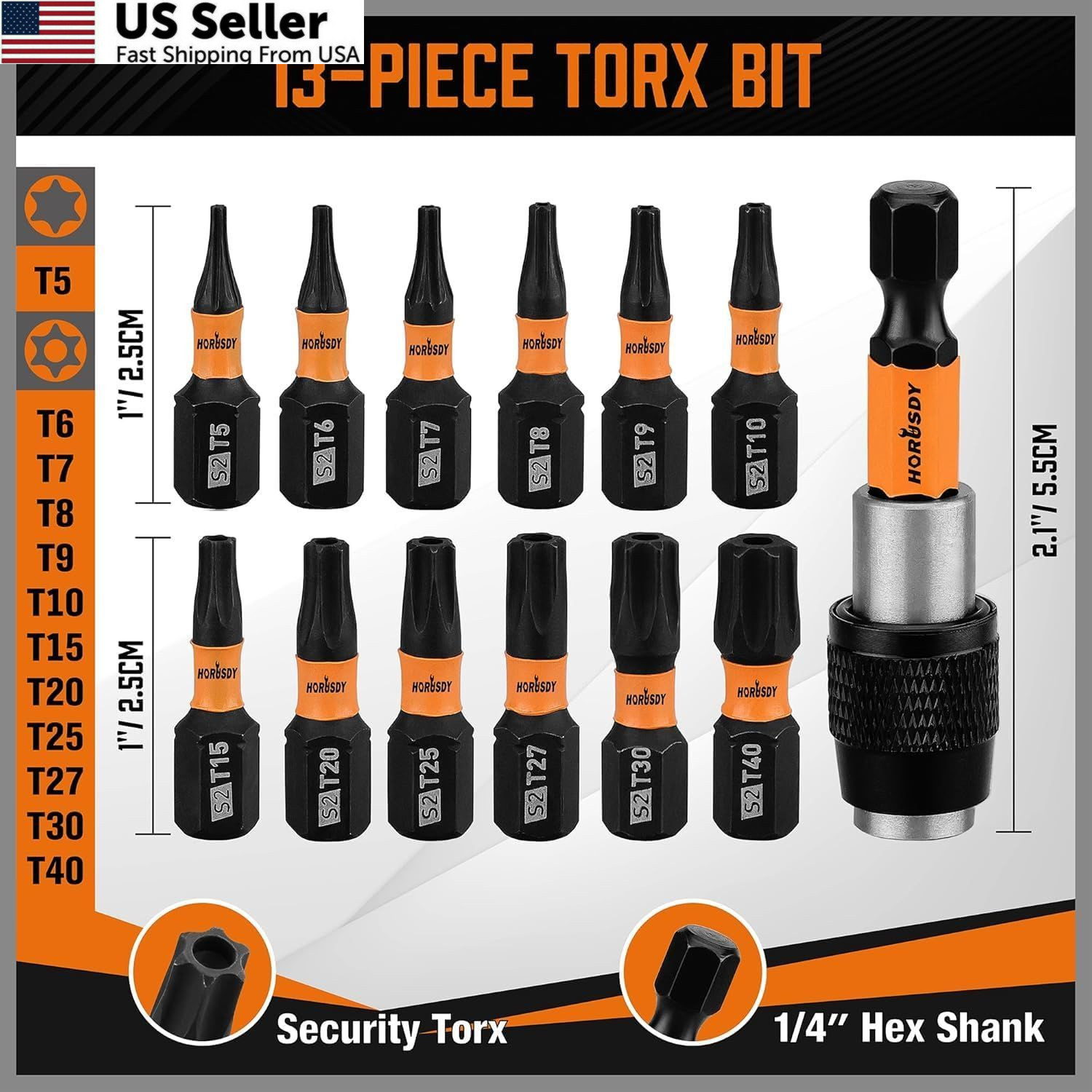 HORUSDY Tamper Proof T5-T40, 2.1″ Self-locking Quick Change, Black & Orange