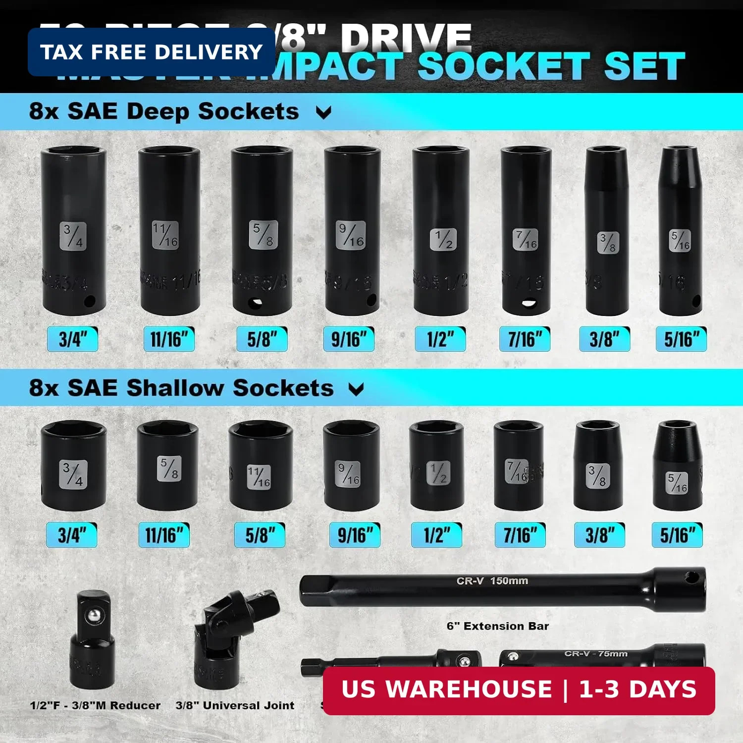 3/8 Impact Socket Set, 50 Piece SAE and Metric Set, Standard SAE (5/16 to 3/4 in