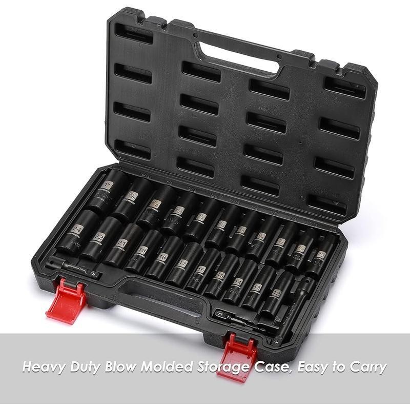 25PC 1/2 Inch Drive Deep Impact Socket Set CRV Metric SAE Extension Bars Adapter