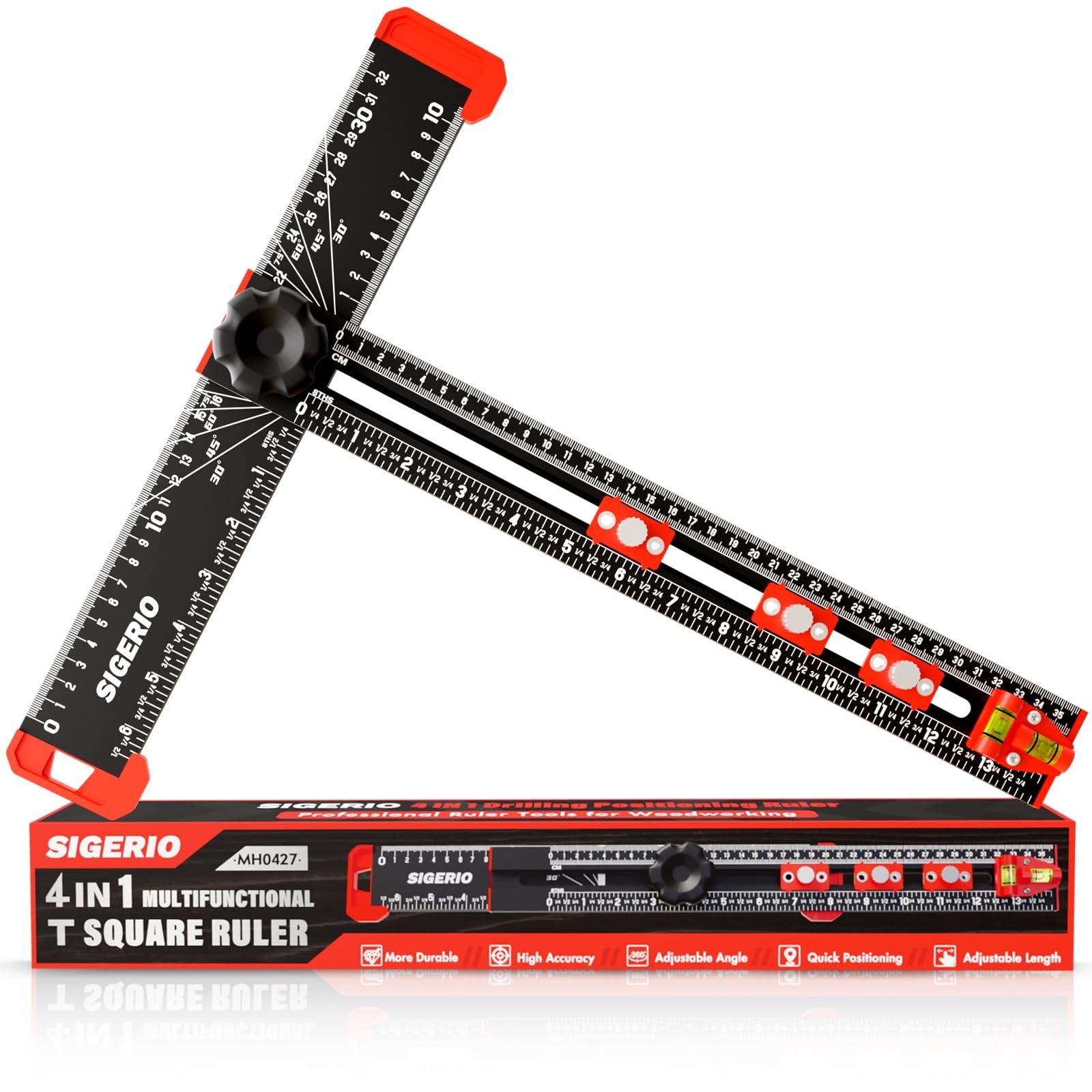4 in 1 Drilling Positioning Ruler, Aluminum Alloy T Square Ruler 14in, Multif…