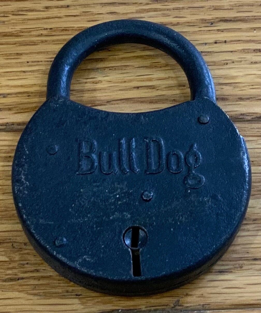 Antique Bulldog Lock No Key Padlock Black w/ Round Shank Antique Lock