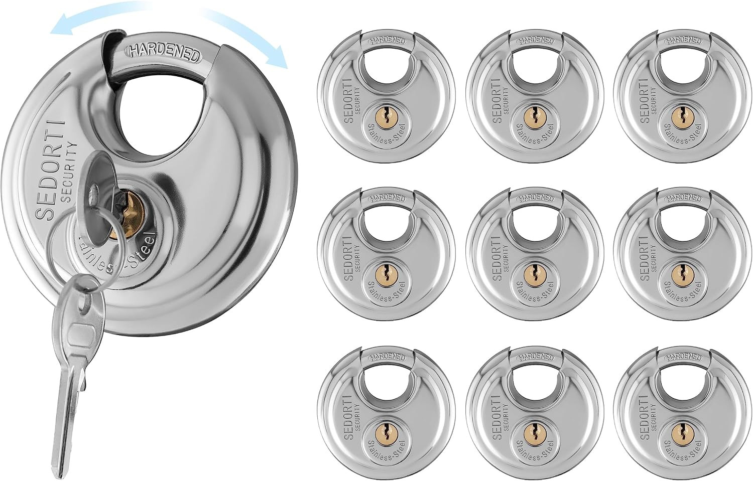 10-Pack Keyed Alike Disc Padlocks, 2-3/4″ Stainless Steel, Waterproof & Rustproo