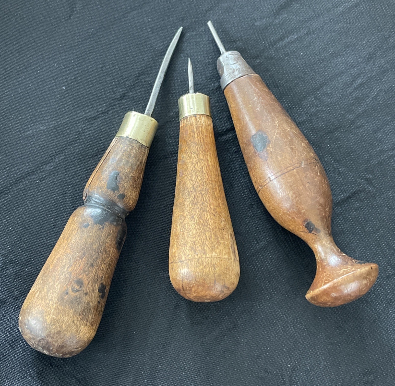 Vintage Unmarked Handheld Pin Vise & 2 Leather Working Tools w/ Wooden Handles