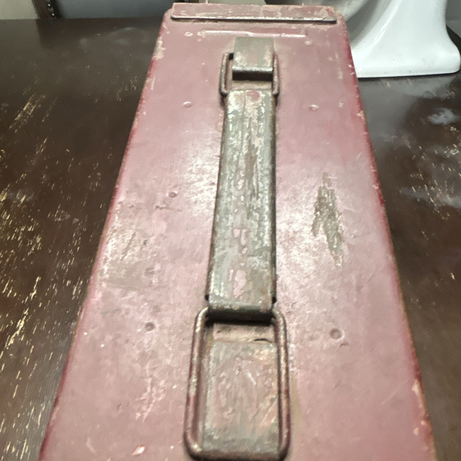 Union Maroon Metal ammo Box/w/ Handle Latch Marked SNT 3D