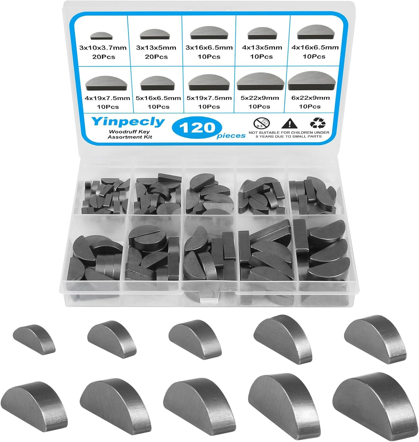 120Pcs Woodruff Key Assortment Kit, 10 Popular Sizes of Half Moon Keys, Metric