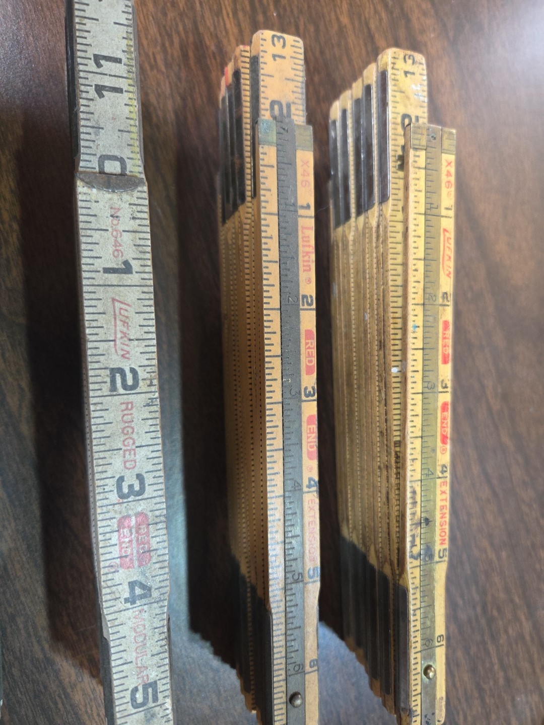Vintage Lufkin Rulers Lot (4) Wood Folding Brass 6” Slide Out Extension Red End