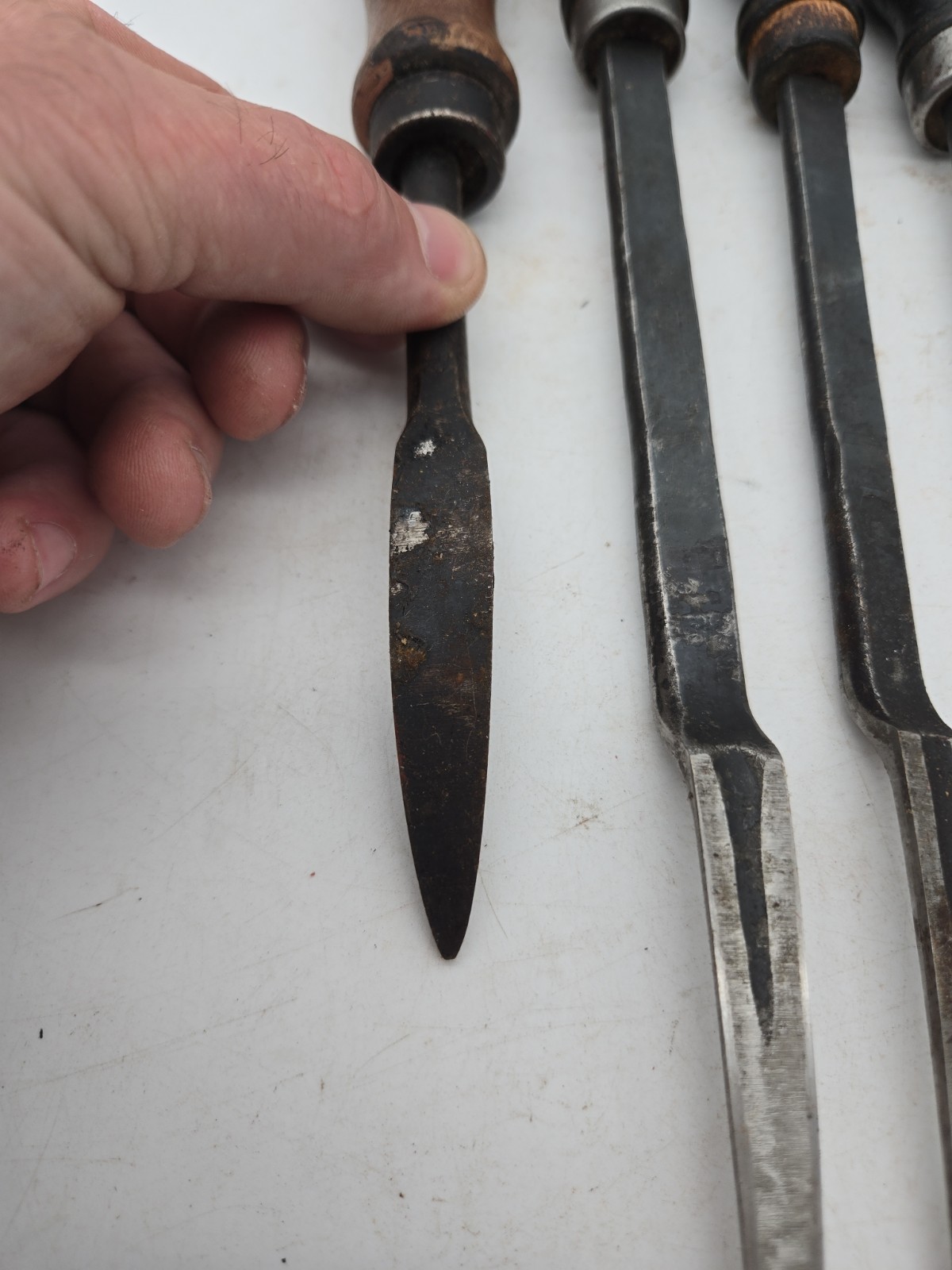 Set of 4 Vintage Antique Babbitt Bearing Scraper Tools Wooden Handle USA
