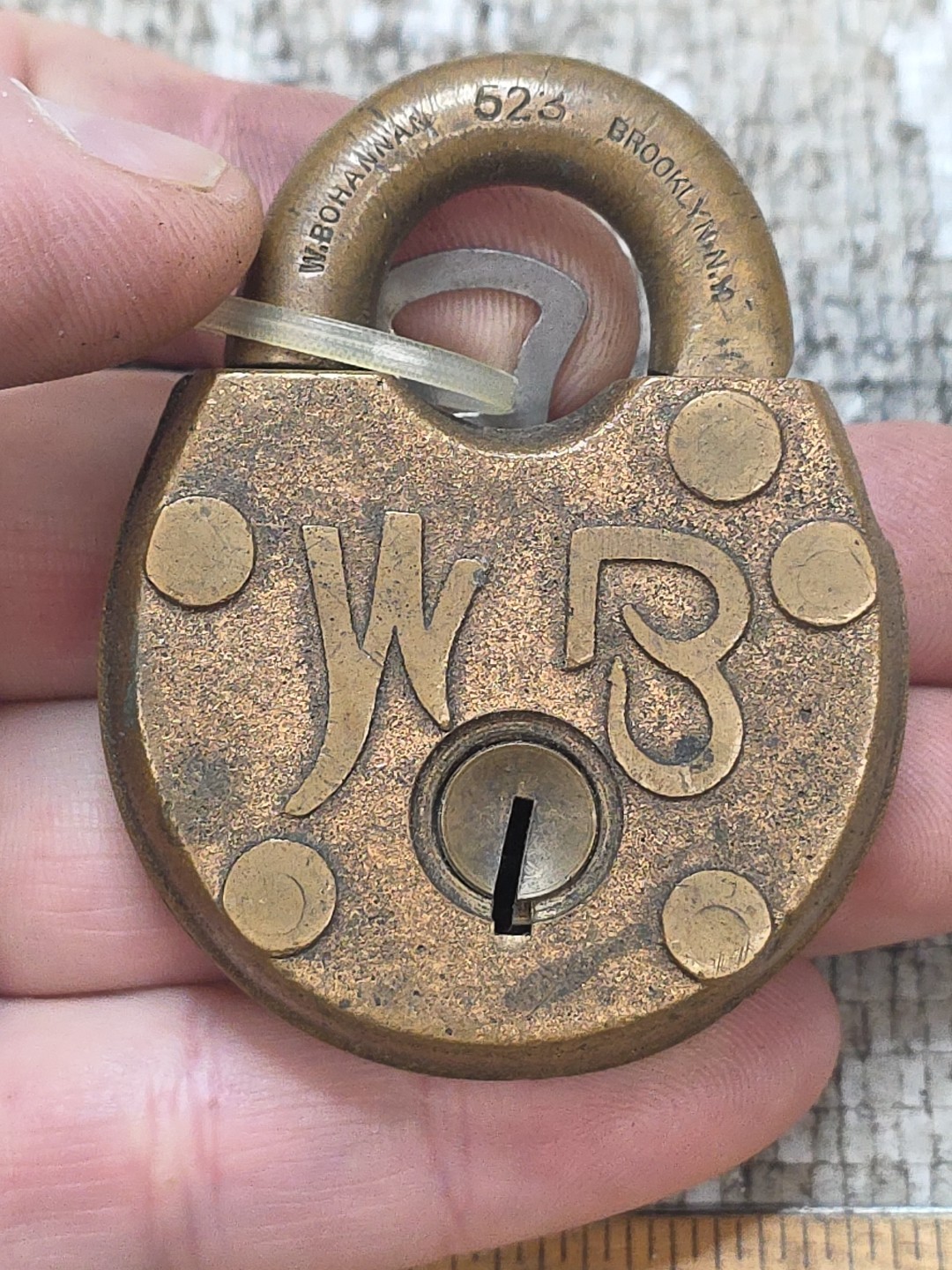Wilson Bohannan 523 Antique Vintage Lock Padlock Brooklyn NY. 1 FLAT WORKING KEY