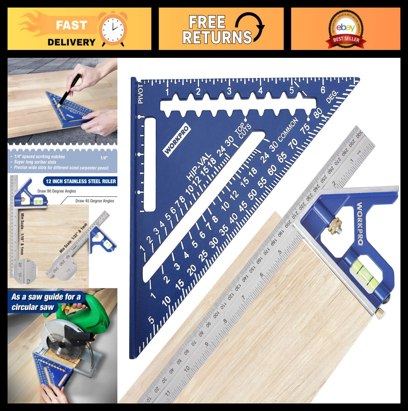 Aluminum Alloy Carpenter Square & Zinc-Alloy Ruler Set – 7″ Rafter Tool & 12″ Co