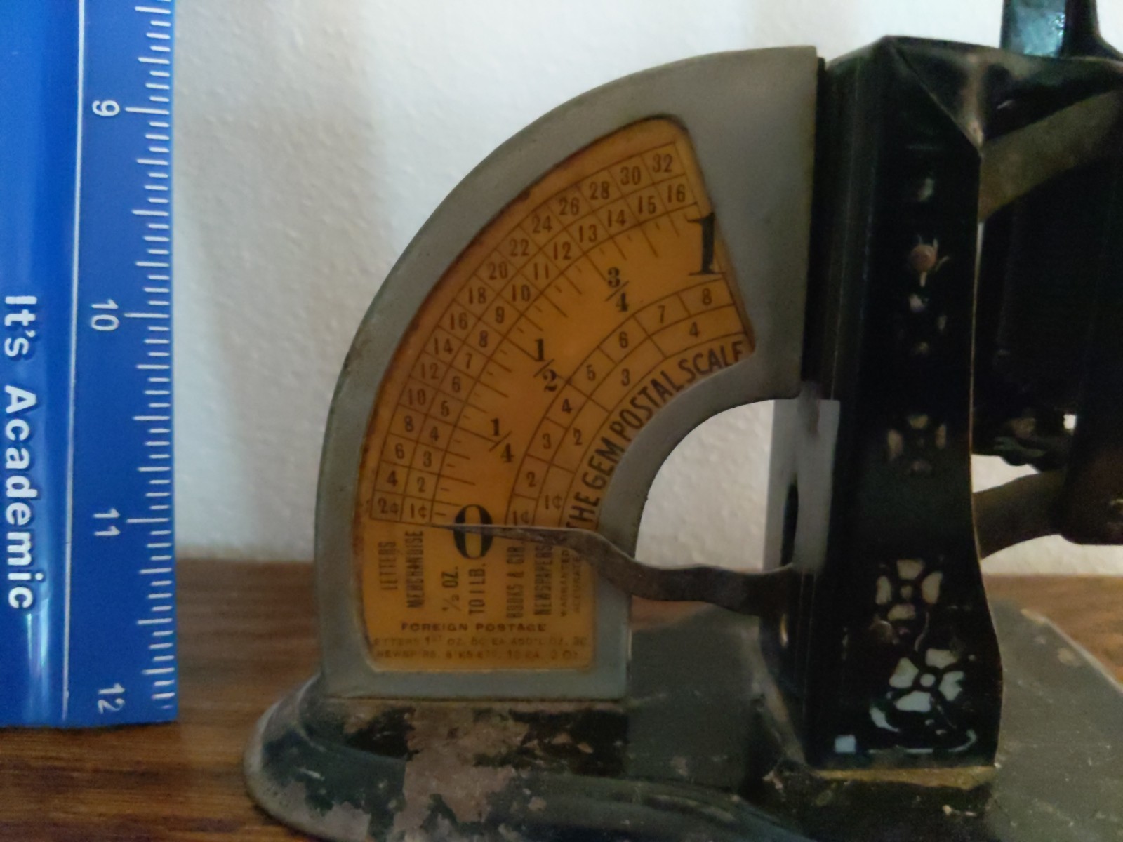 Small antique The Gem Postal Scale Pat. 1904 black with white flowers 8.25″ tall