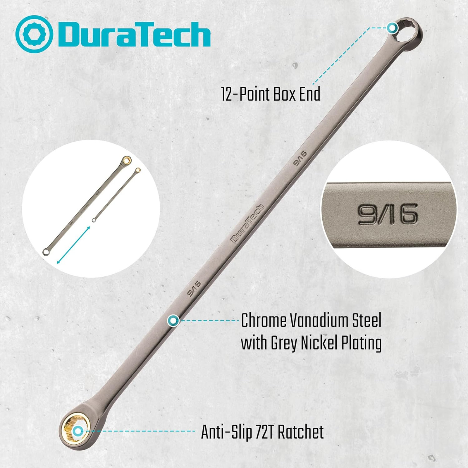Extra Long Anti-Slip Ratcheting Wrench Set, Double Box End Wrench Set, 9-Piece