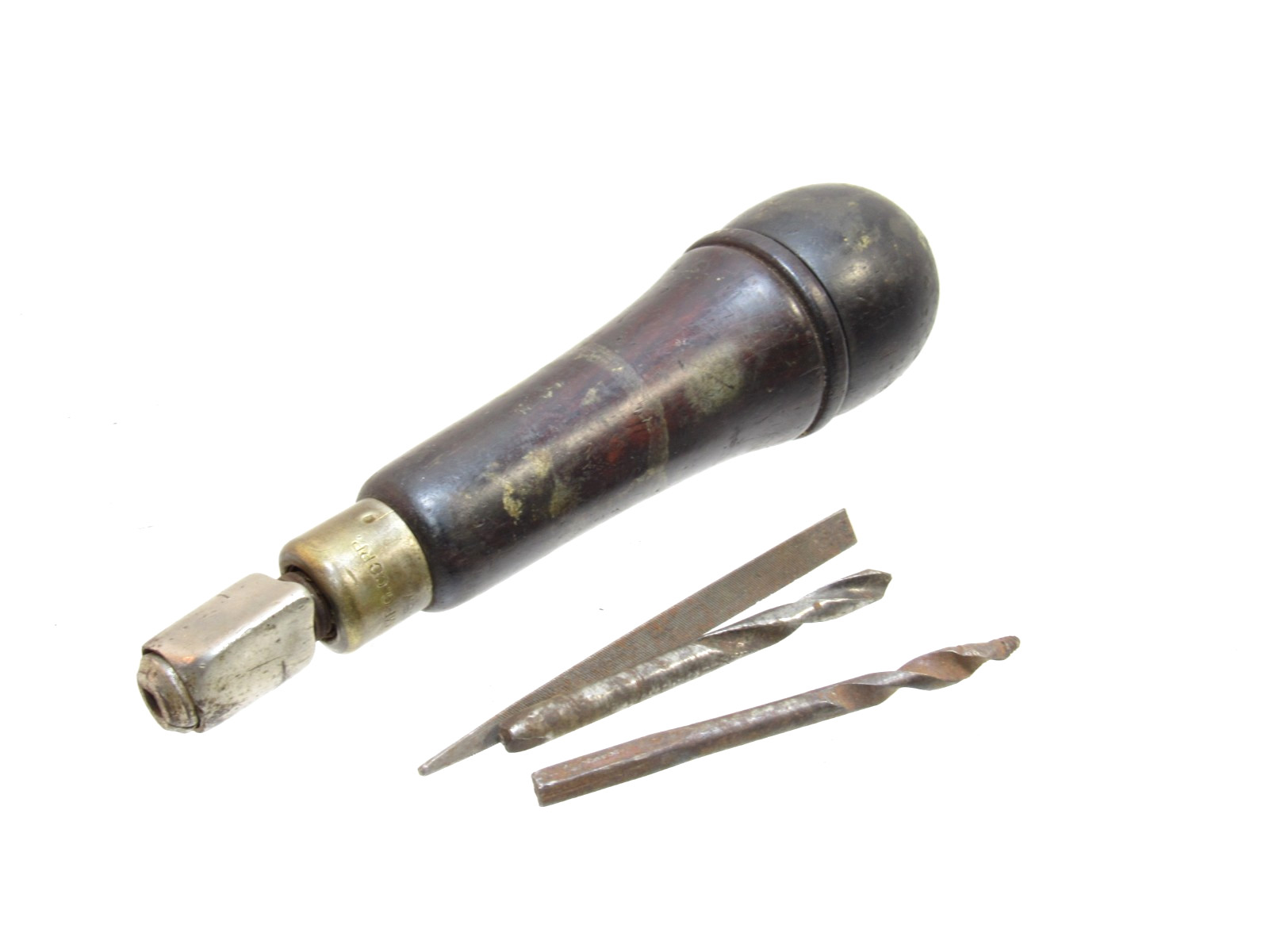 A NICE BRIDGEPORT HARDWARE ROSEWOOD TOOL HANDLE WITH TOOLS