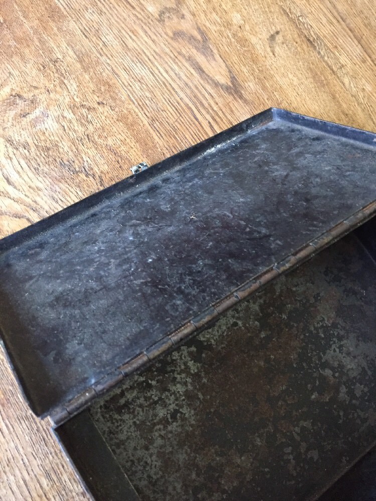 Vtg 50s Industrial Tool Box Black Steel Retro Distressed hand made 12×7”