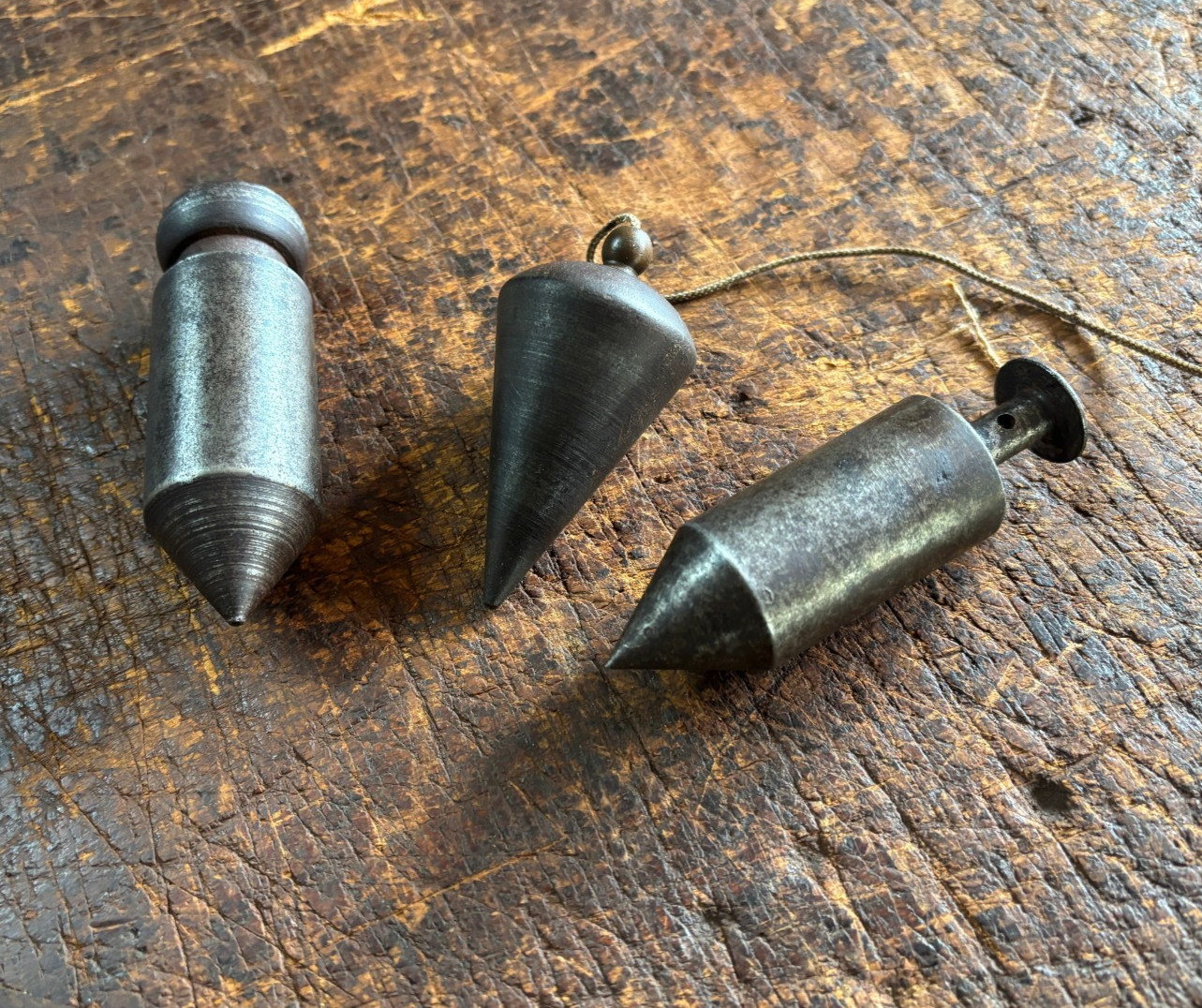 Three Vintage Solid Steel Plumb Bobs Old Industrial Builders Tools 1950s-1960s