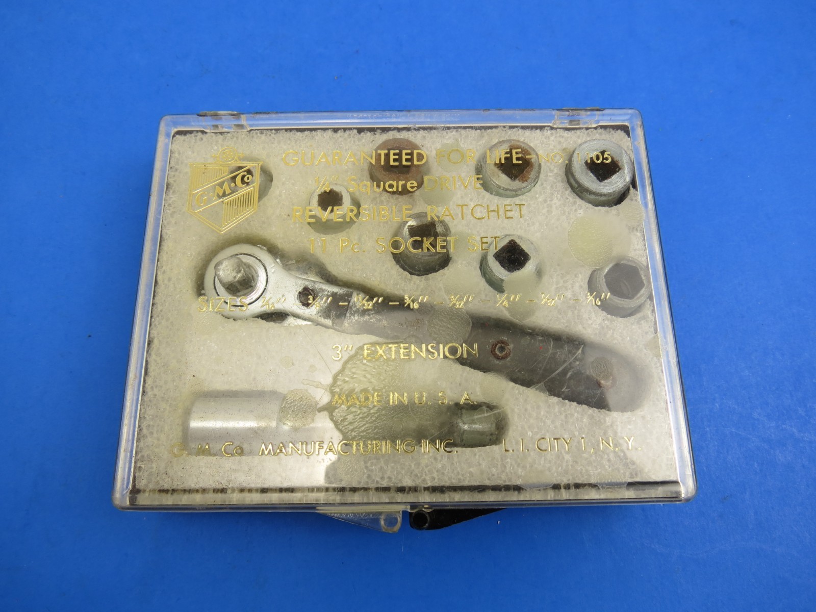 VINTAGE ORIGINAL GM CO. #1105 1/4″ REVERSIBLE RATCHET 11 Pc. SOCKET SET