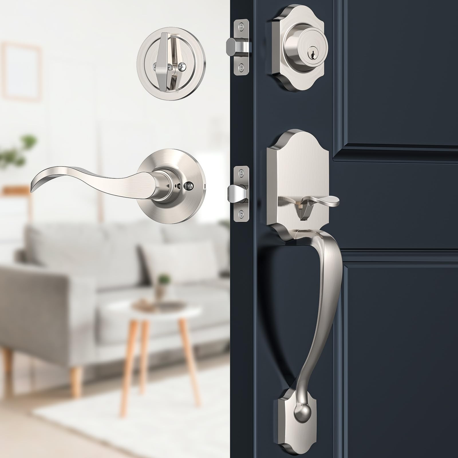 Brightify Satin Nickel Front Door Lock Set, Entry Wave-Satin