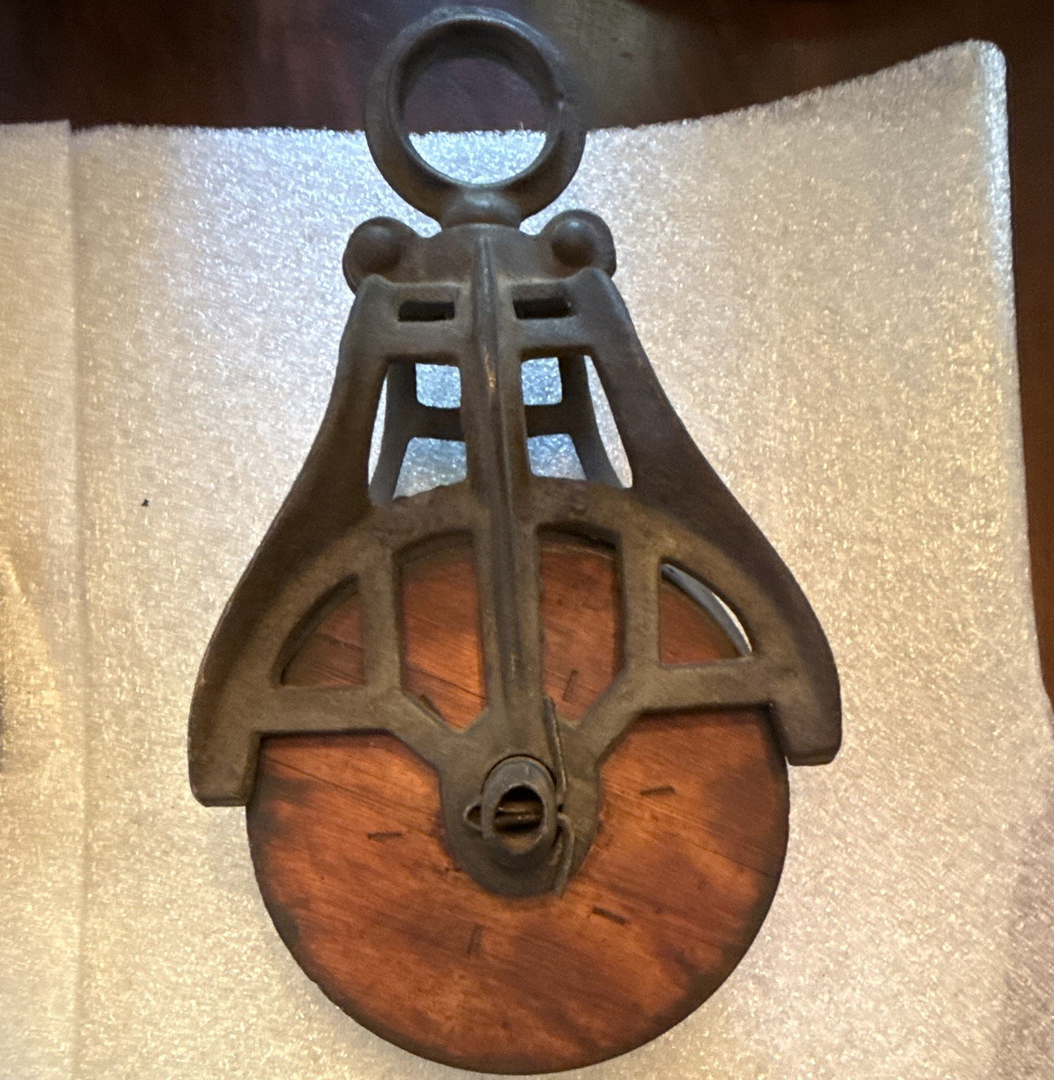 Antique Vintage Single Pulley Block, Metal Frame with Wooden Wheel