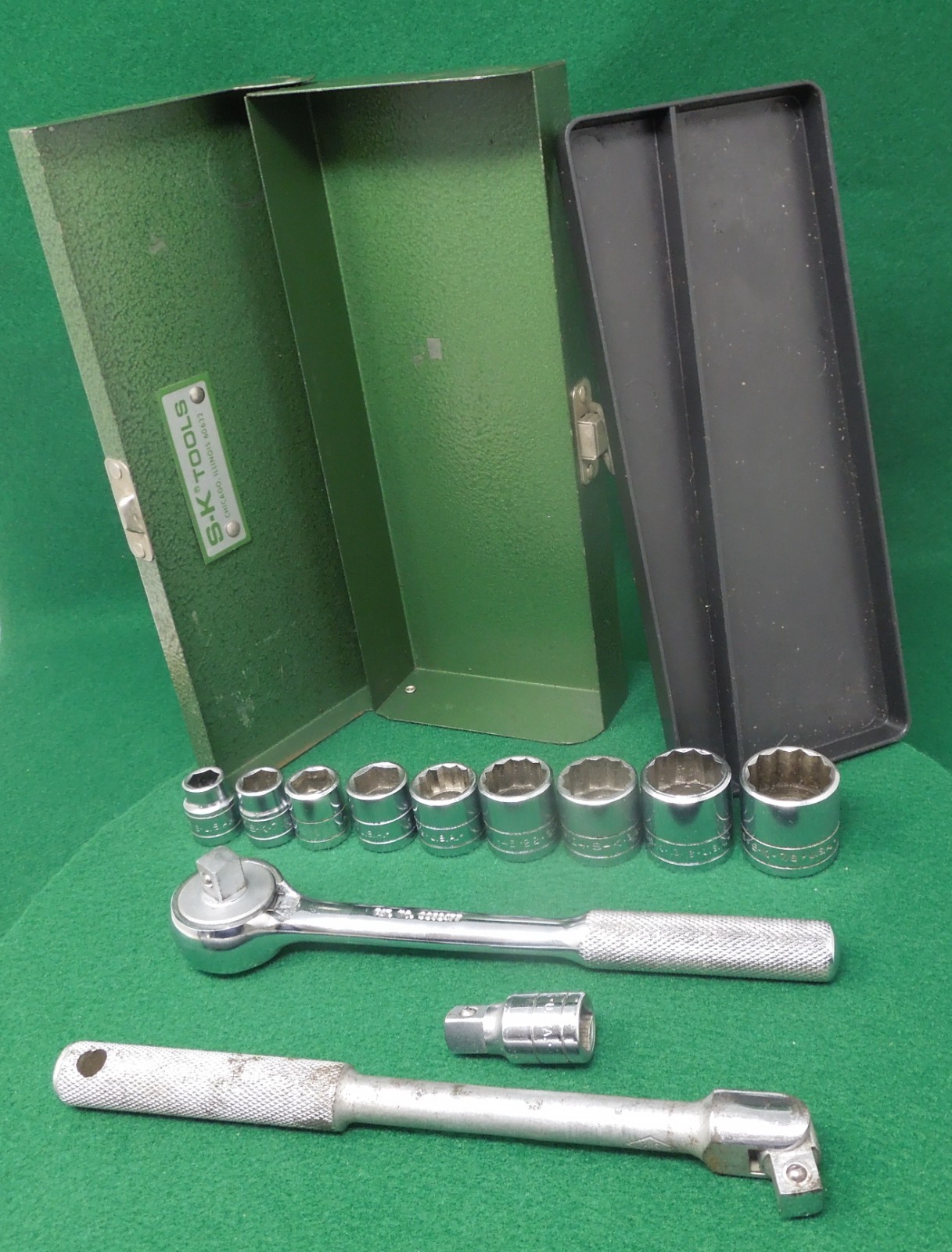 S-K Tools 3/8” Socket Set (9), Ratchet 45170 USA w/ Metal Case, Breaker Bar, Ext
