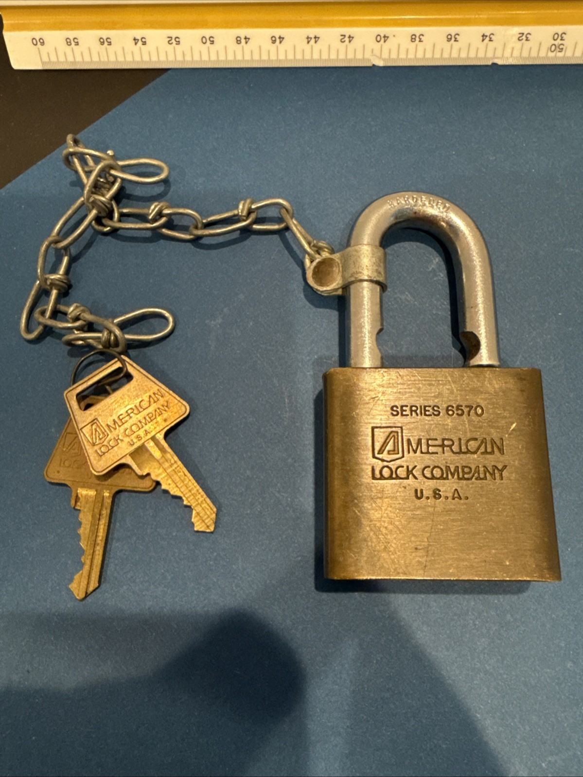 Vintage American Lock Company Series 6570 Padlock w/Two Keys & Small Chain