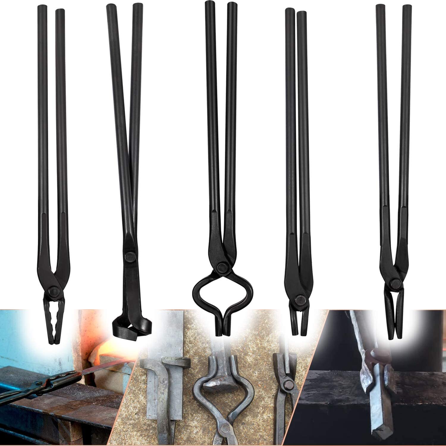 Blacksmith Tongs Tools Set Flat Tongs & Square Jaw Tongs Bolt Tongs Blade Tongs