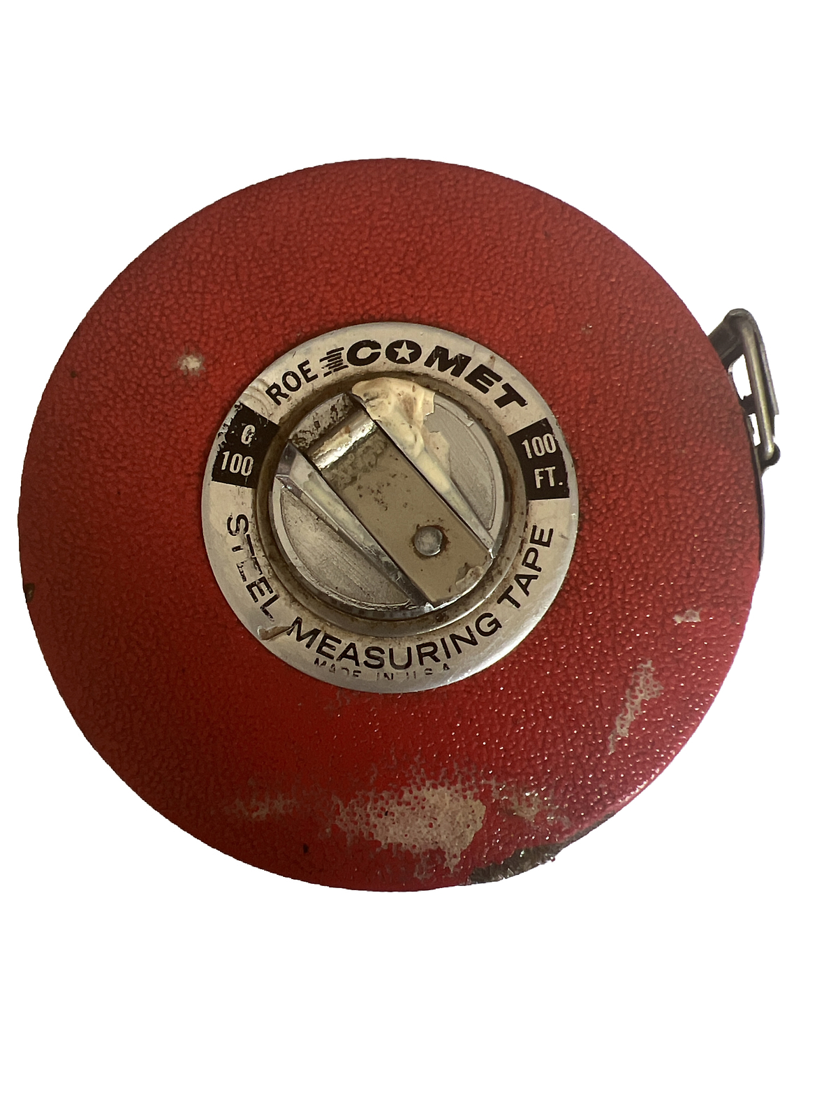 Vintage Roe Comet 100ft Steel Measuring Tape Roll Red Steel Vintage Tool