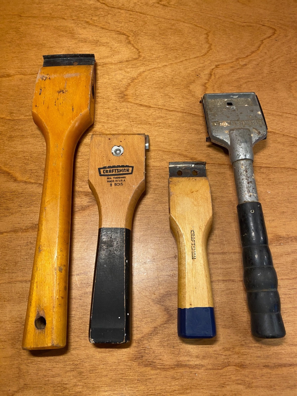 Vintage CRAFTSMAN 4-pc Paint Scrappers, 4-Edge 2-1/2″, Wood #9015, 12″, 6″, USA