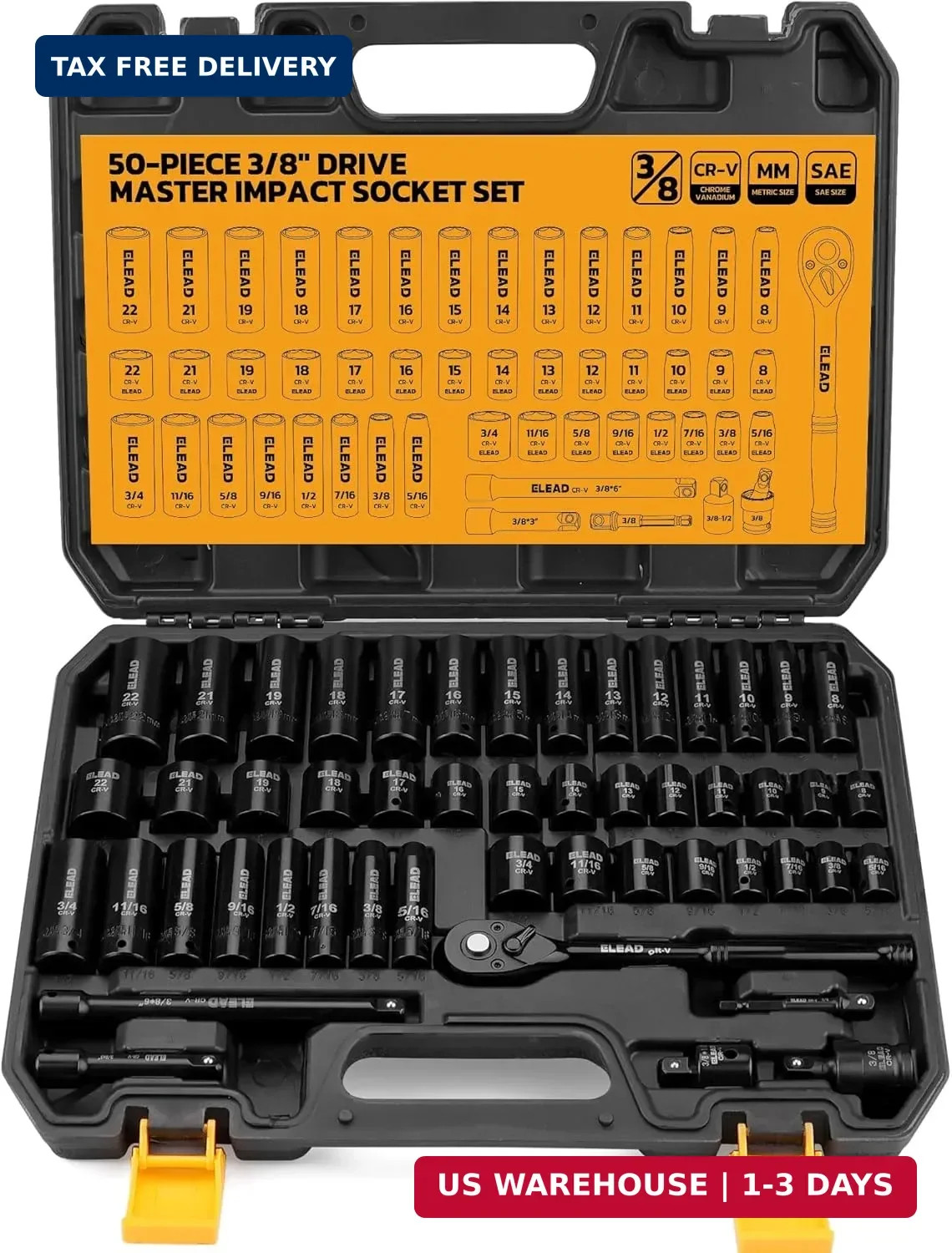 3/8” Drive Impact Socket Set – 50-Piece Shallow & Deep Socket Set Metric and St