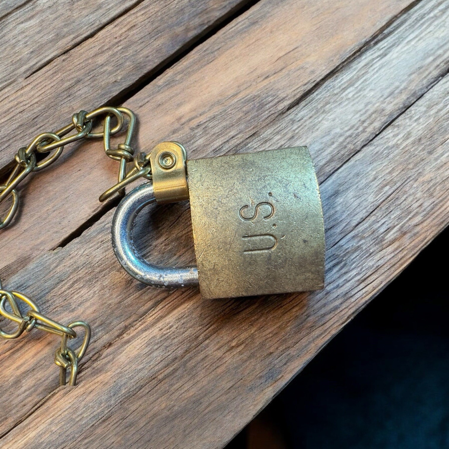 Vintage US Military Brass Padlock w/ Chain – American Lock Co. Hardened Shackle