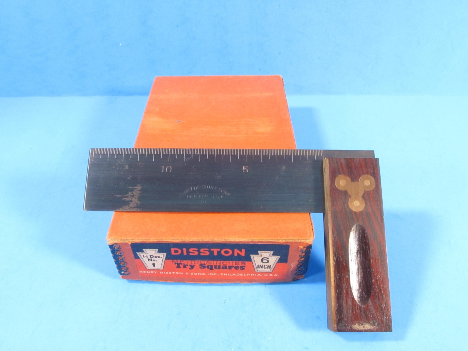 6″ Disston No 1 try square graduated both metric & inches w/ original 1949 box