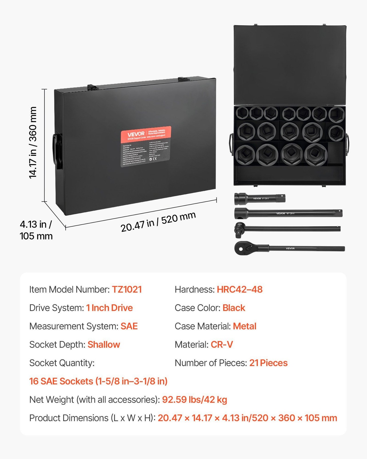 SAE 21-Pc Impact Socket Set: 1in Drive, 6-Point Shallow, Cr-V, Extensions, Case