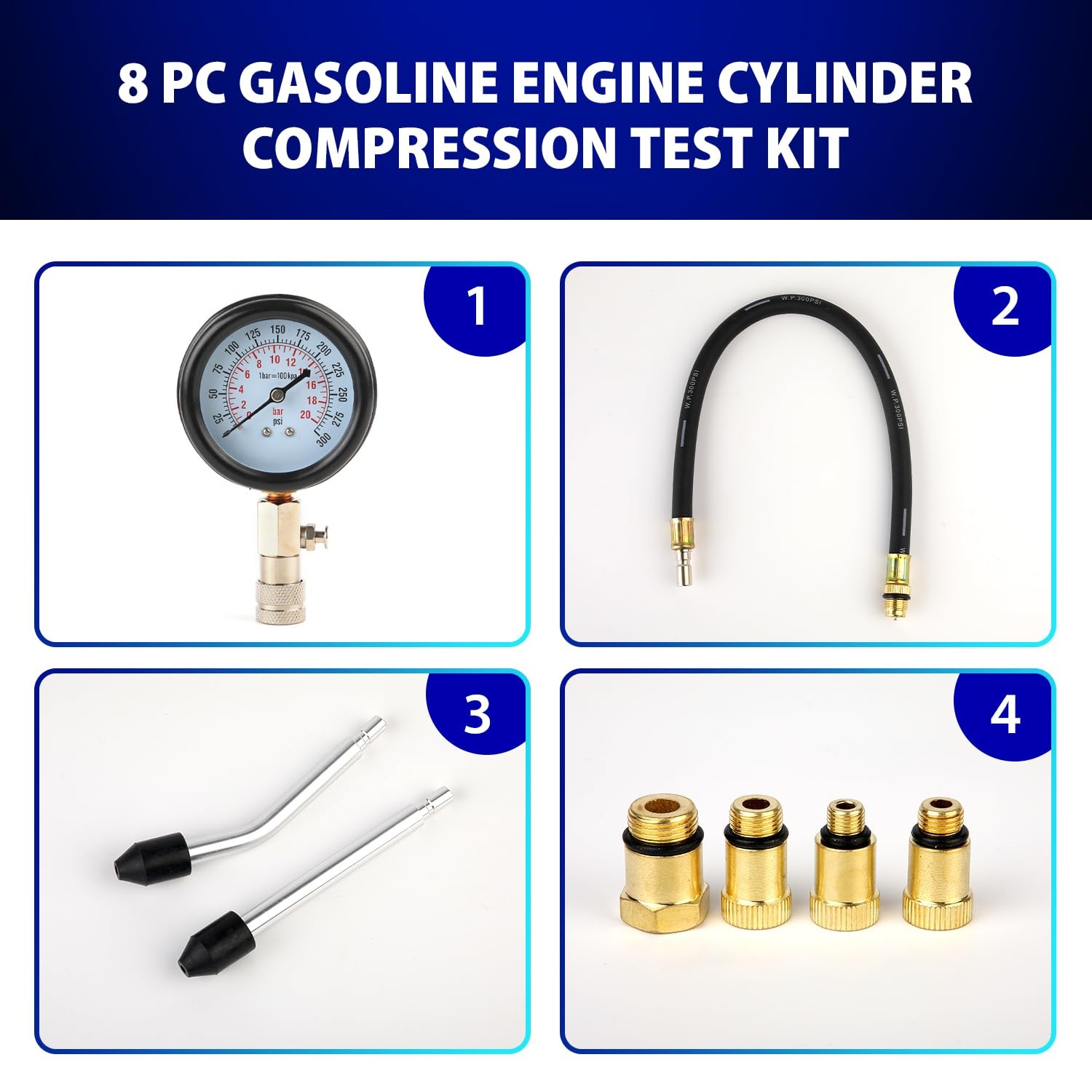 Compression Tester, 8pcs Engine Compression Tester kit Professional Petrol Gas E