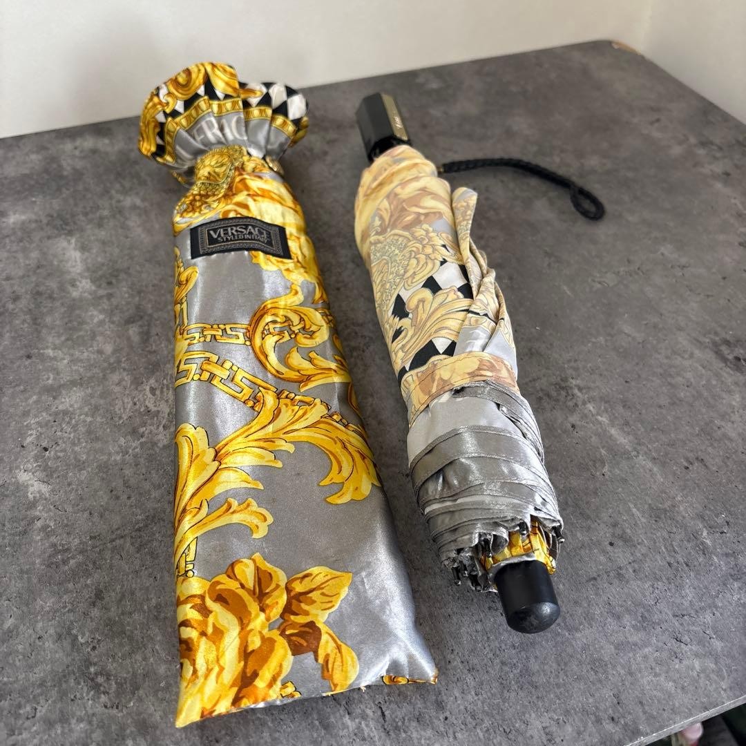GIANNI VERSACE Folding Umbrella 8 Bones Strap Gold Black Used Vintage