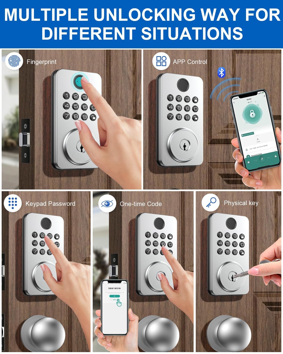 Fingerprint Door Lock Deadbolt with Handle Set – Smart Keyless Entry Silvery