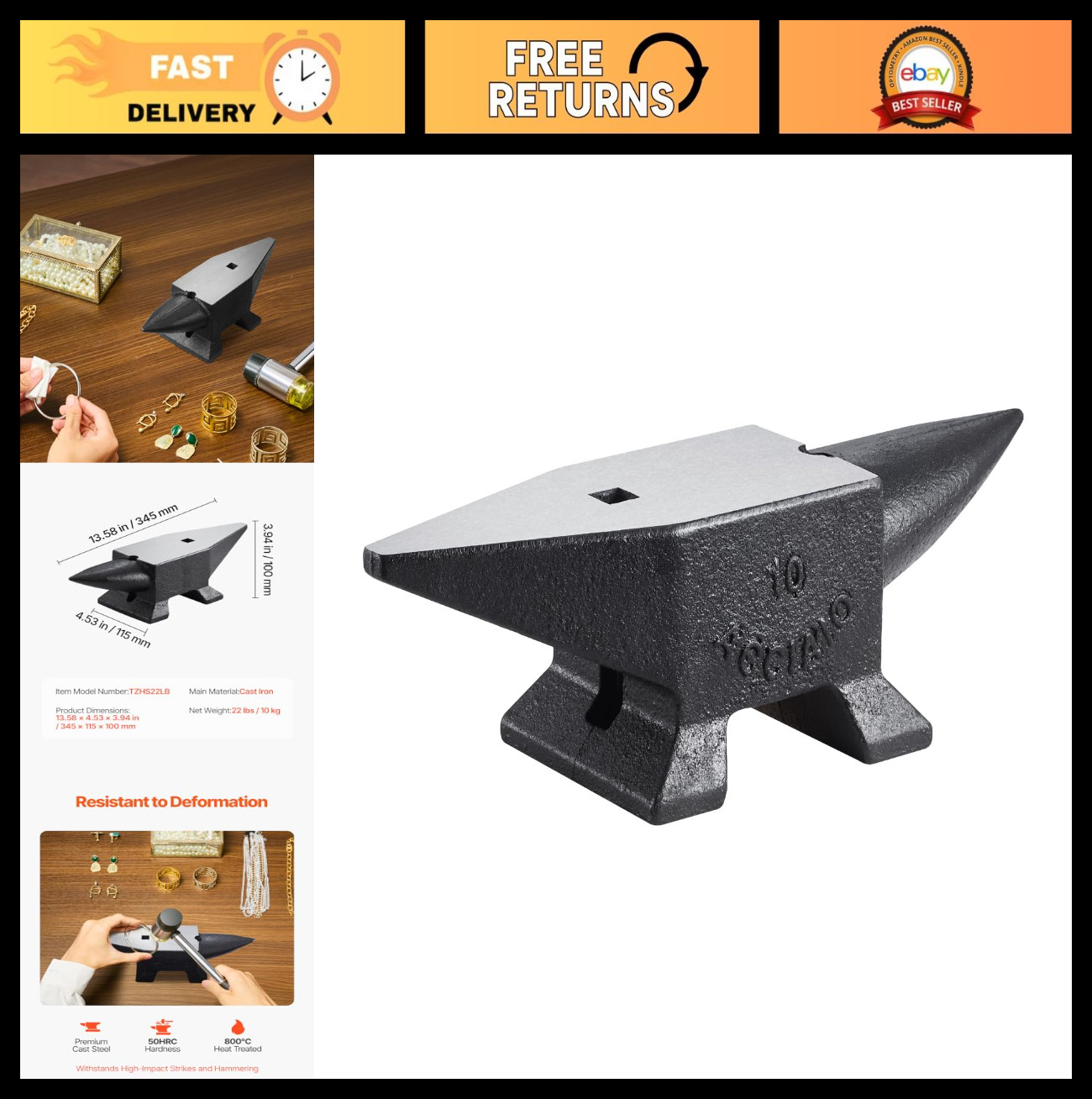 22 Lbs Double-Horn Cast Steel Anvil – Heavy-Duty Blacksmith Tool for Bending & S
