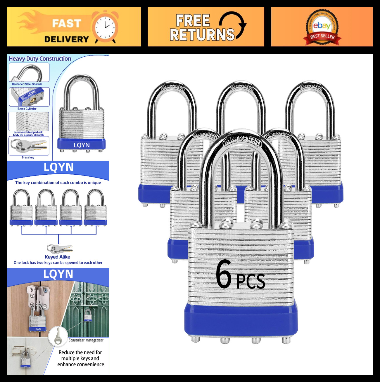Keyed Alike Padlocks Set of 6, 40mm Laminated Locks for Storage, Toolboxes, Shed